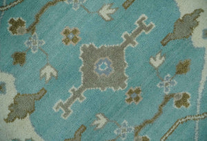 Hand Knotted 8x10 Oushak Aqua, Ivory and Brown Wool Area Rug