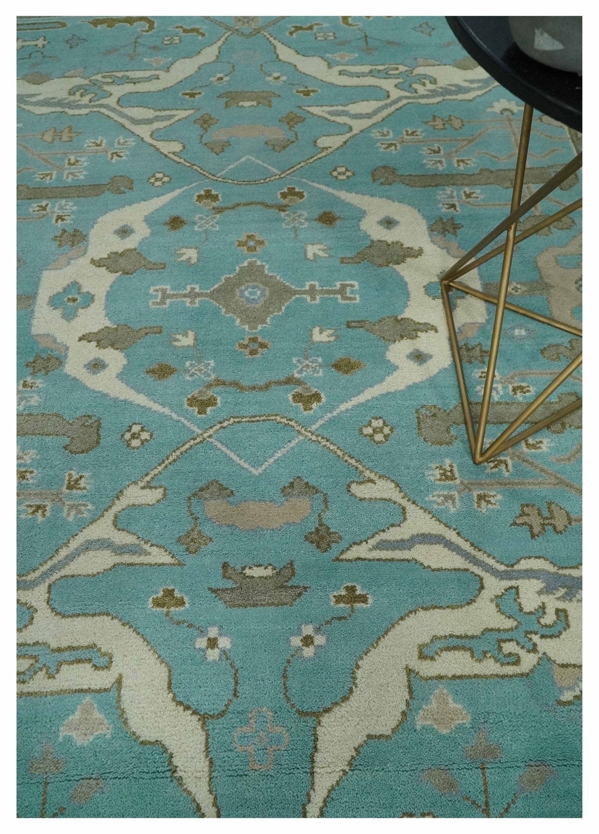 Hand Knotted 8x10 Oushak Aqua, Ivory and Brown Wool Area Rug