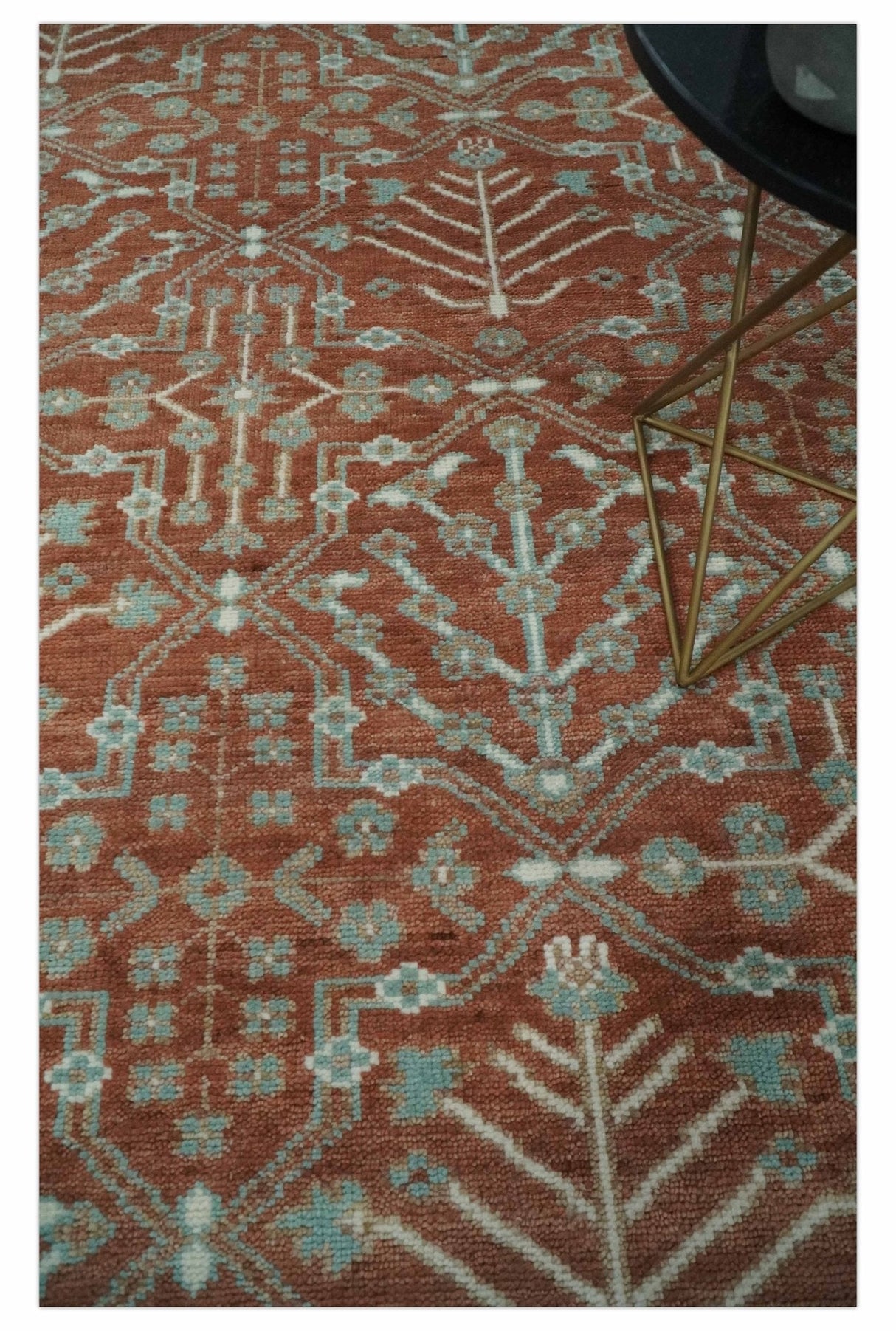 Hand knotted 8x10 Rust and Aqua Floral wool Area Rug