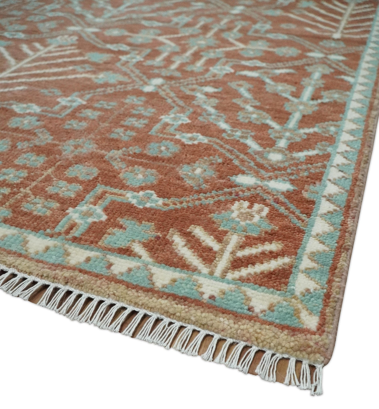 Hand knotted 8x10 Rust and Aqua Floral wool Area Rug