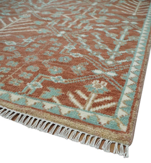 Hand knotted 8x10 Rust and Aqua Floral wool Area Rug