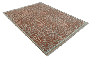 Hand knotted 8x10 Rust and Aqua Floral wool Area Rug