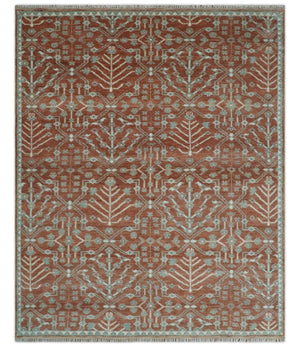 Hand knotted 8x10 Rust and Aqua Floral wool Area Rug