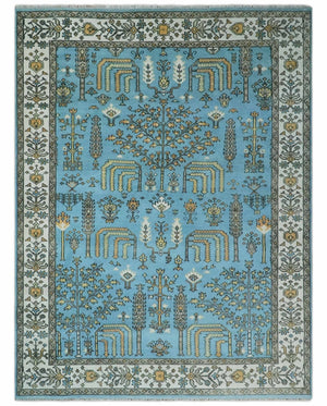 Hand Knotted 9x12 Aqua, Ivory and Beige Traditional Turkish Design Wool Rug