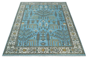 Hand Knotted 9x12 Aqua, Ivory and Beige Traditional Turkish Design Wool Rug