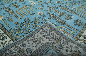 Hand Knotted 9x12 Aqua, Ivory and Beige Traditional Turkish Design Wool Rug