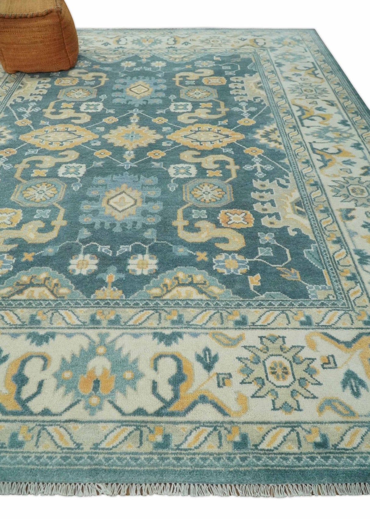 Hand Knotted 9x12 Blue, Ivory and Beige Antique Finish Turkish Style Oushak Wool Area Rug | TRDCP1084912