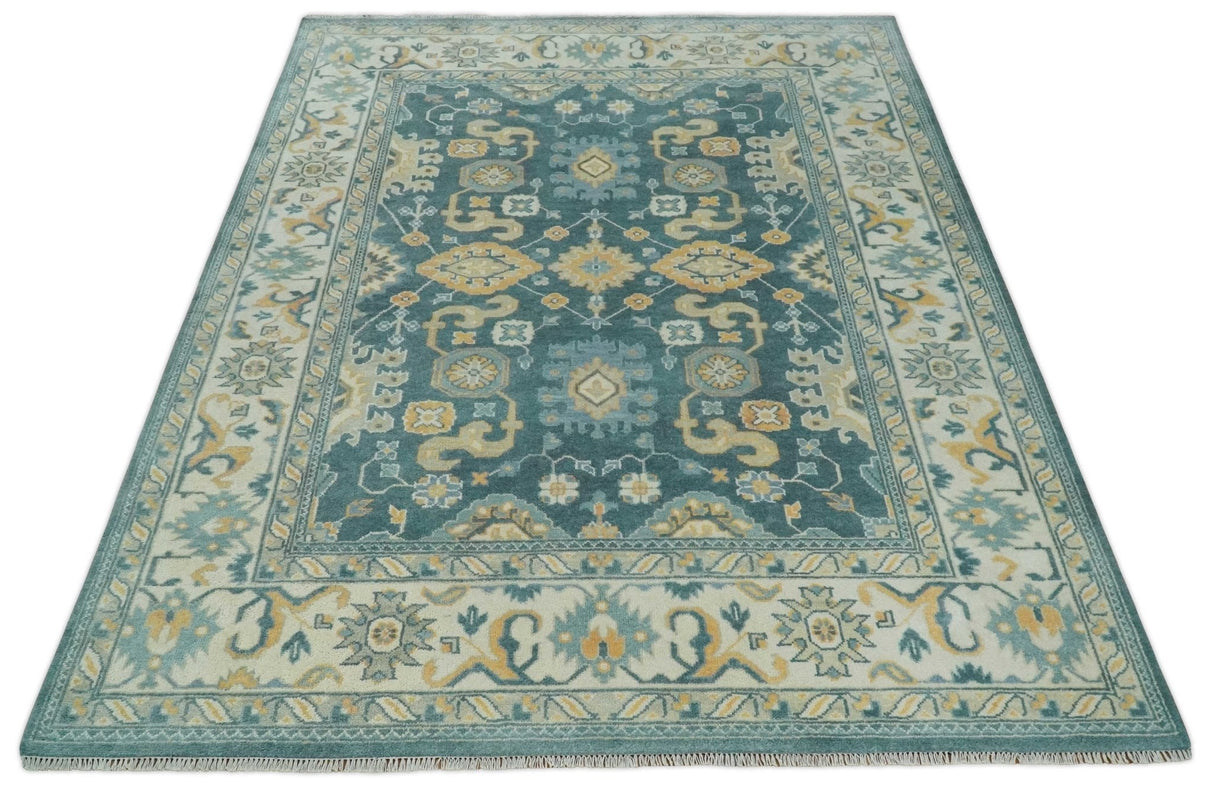 Hand Knotted 9x12 Blue, Ivory and Beige Antique Finish Turkish Style Oushak Wool Area Rug | TRDCP1084912