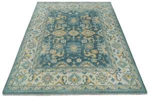 Hand Knotted 9x12 Blue, Ivory and Beige Antique Finish Turkish Style Oushak Wool Area Rug | TRDCP1084912