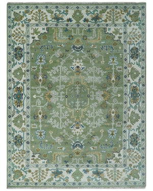 Hand Knotted Green, Ivory and Silver Traditional Turkish Vintage Style Wool Rug