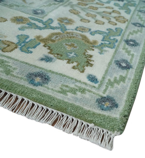 Hand Knotted Green, Ivory and Silver Traditional Turkish Vintage Style Wool Rug
