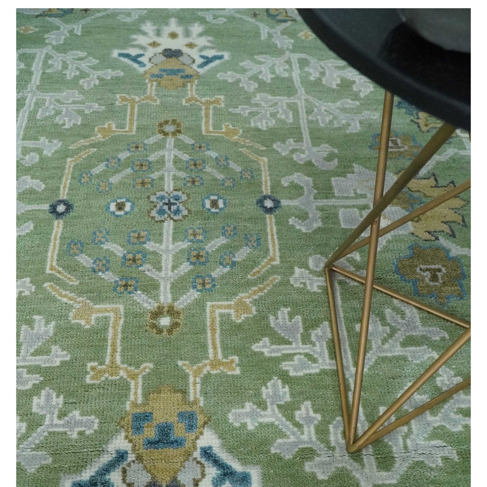 Hand Knotted Green, Ivory and Silver Traditional Turkish Vintage Style Wool Rug