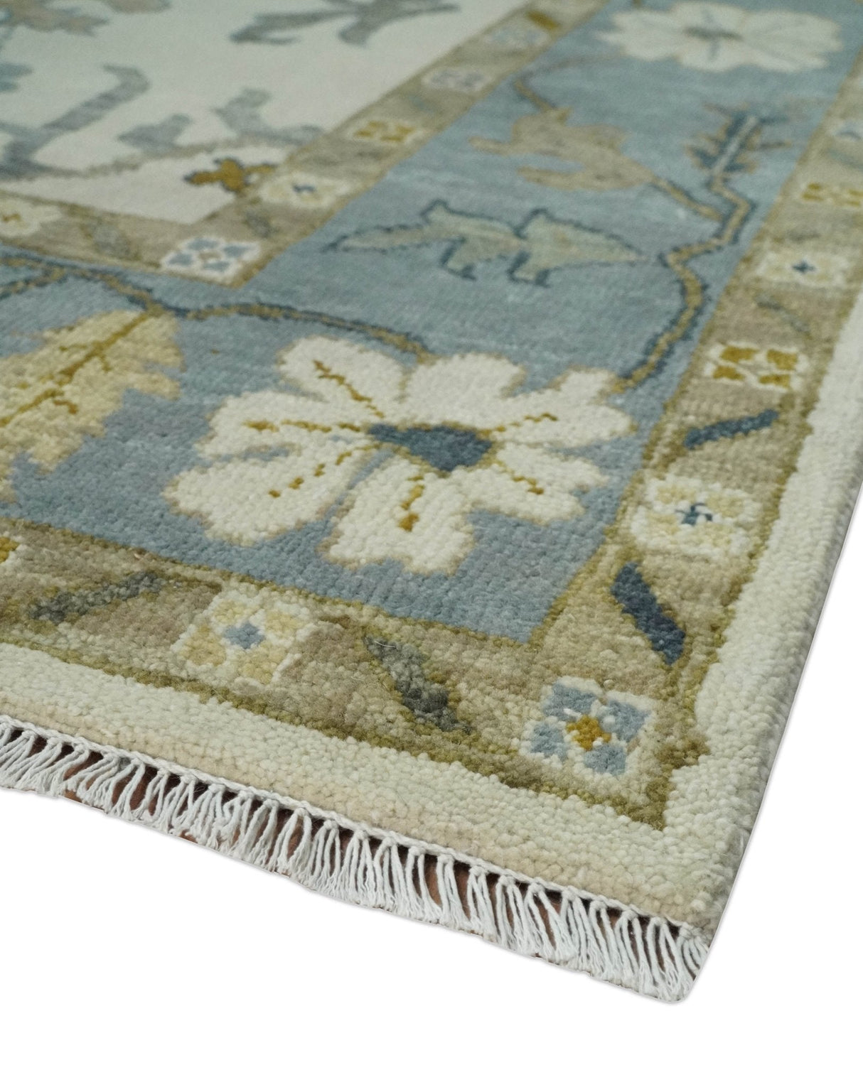 Hand Knotted 9x12 Ivory, Silver and Beige Traditional Style Oushak Wool Rug