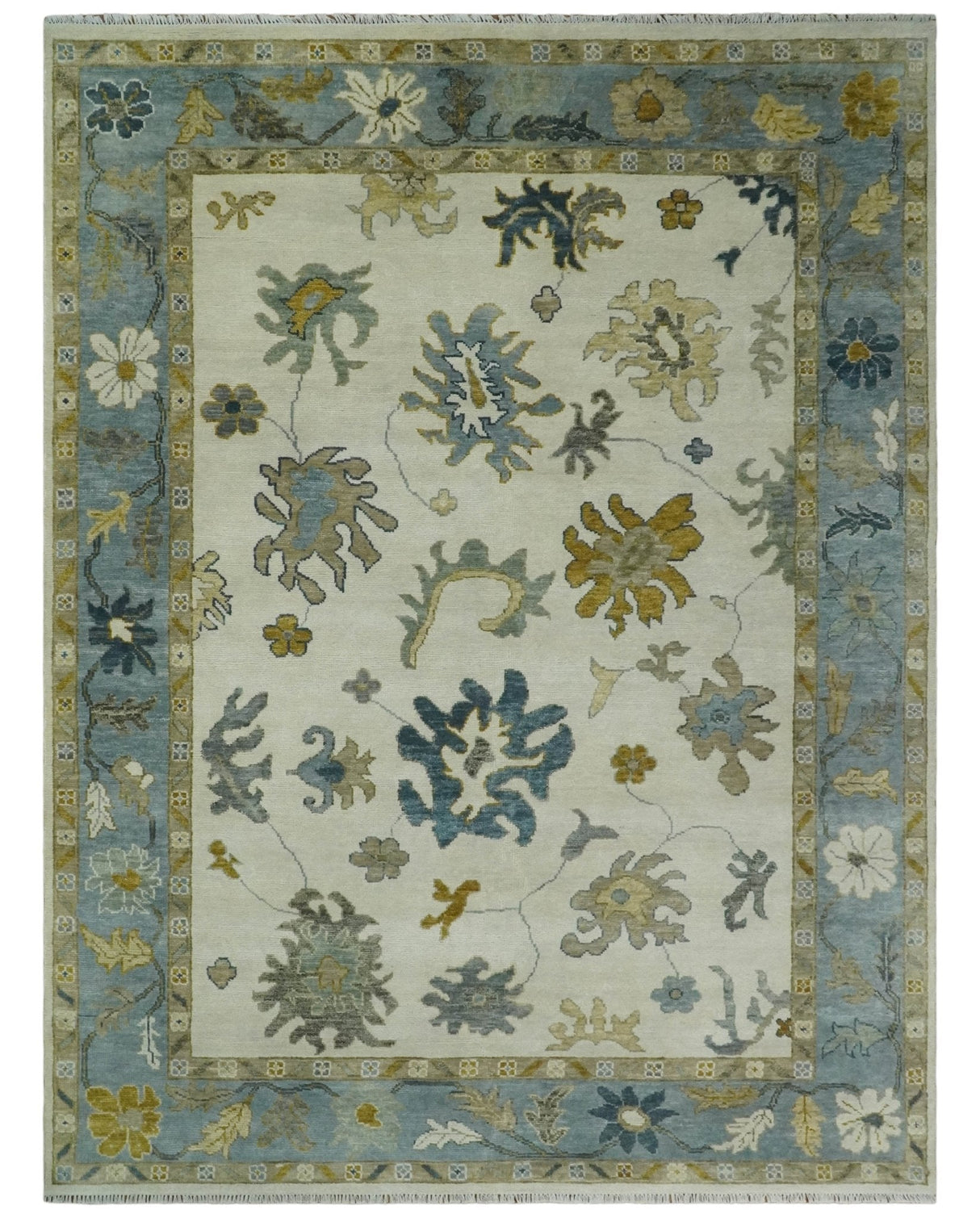 Hand Knotted 9x12 Ivory, Silver and Beige Traditional Style Oushak Wool Rug