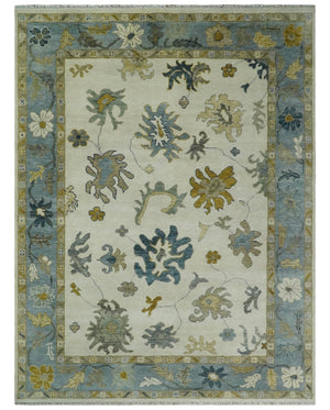 Hand Knotted 9x12 Ivory, Silver and Beige Traditional Style Oushak Wool Rug