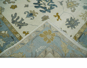 Hand Knotted 9x12 Ivory, Silver and Beige Traditional Style Oushak Wool Rug