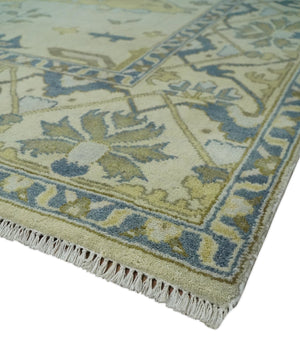 Hand Knotted 9x12 Oriental Oushak Beige and Blue Wool Area Rug, Living Room Rug | TRDCP1093912