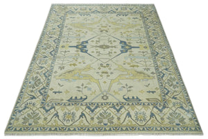Hand Knotted 9x12 Oriental Oushak Beige and Blue Wool Area Rug, Living Room Rug | TRDCP1093912