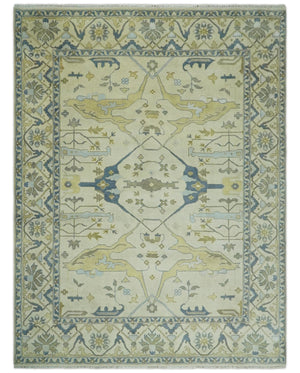 Hand Knotted 9x12 Oriental Oushak Beige and Blue Wool Area Rug, Living Room Rug | TRDCP1093912