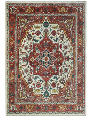 Rust And Ivory Traditional Medallion Hand Knotted Wool Area Rug