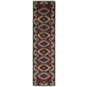 Hand Knotted 2.8x10 Traditional Kazak Ivory and Red Wool Area Rug