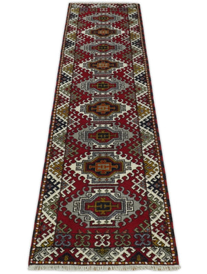 Hand Knotted 2.8x10 Traditional Kazak Ivory and Red Wool Area Rug