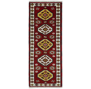 Traditional Kazak Red and Ivory Hand Knotted Wool 2x7 Area Rug