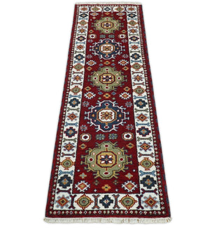 Hand Knotted 2.6x8 Traditional Kazak Red and Ivory Wool Rug