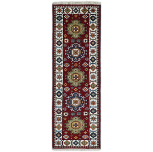 Hand Knotted 2.6x8 Traditional Kazak Red and Ivory Wool Rug