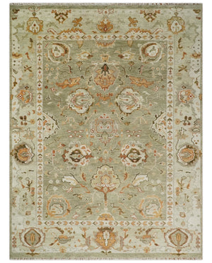 Hand Knotted Olive and Ivory Traditional Oushak Wool Rug