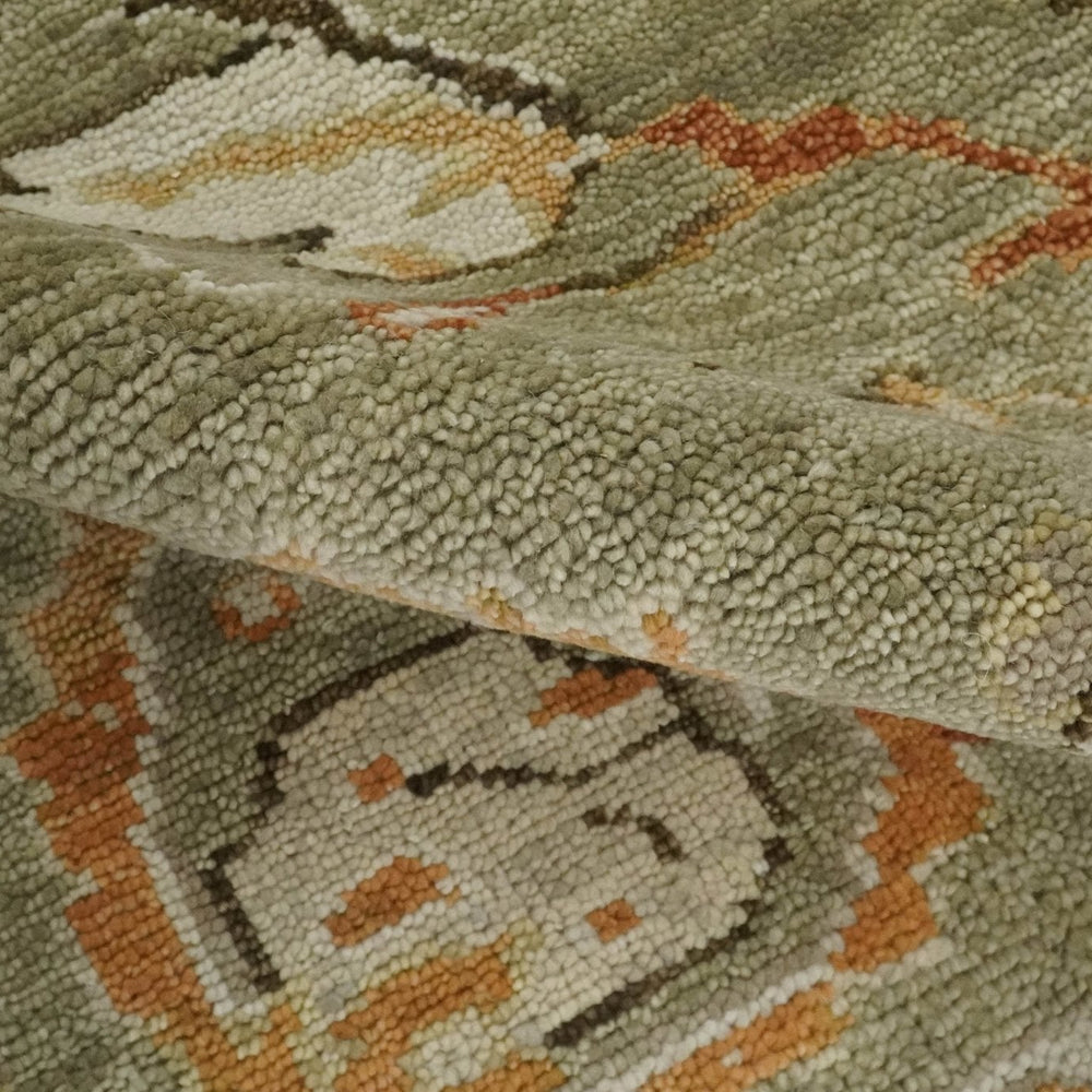 Hand Knotted Olive and Ivory Traditional Oushak Wool Rug