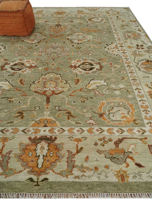 Hand Knotted Olive and Ivory Traditional Oushak Wool Rug