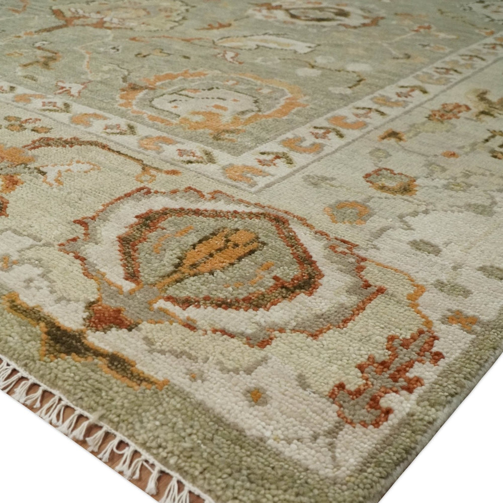 Hand Knotted Olive and Ivory Traditional Oushak Wool Rug