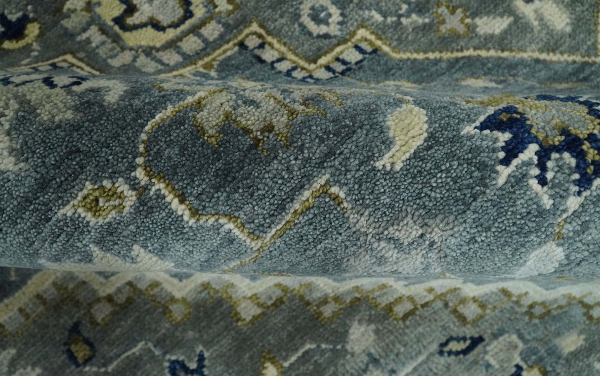 Custom Made Hand Knotted Beige and Blue Traditional Heriz  Wool Area Rug