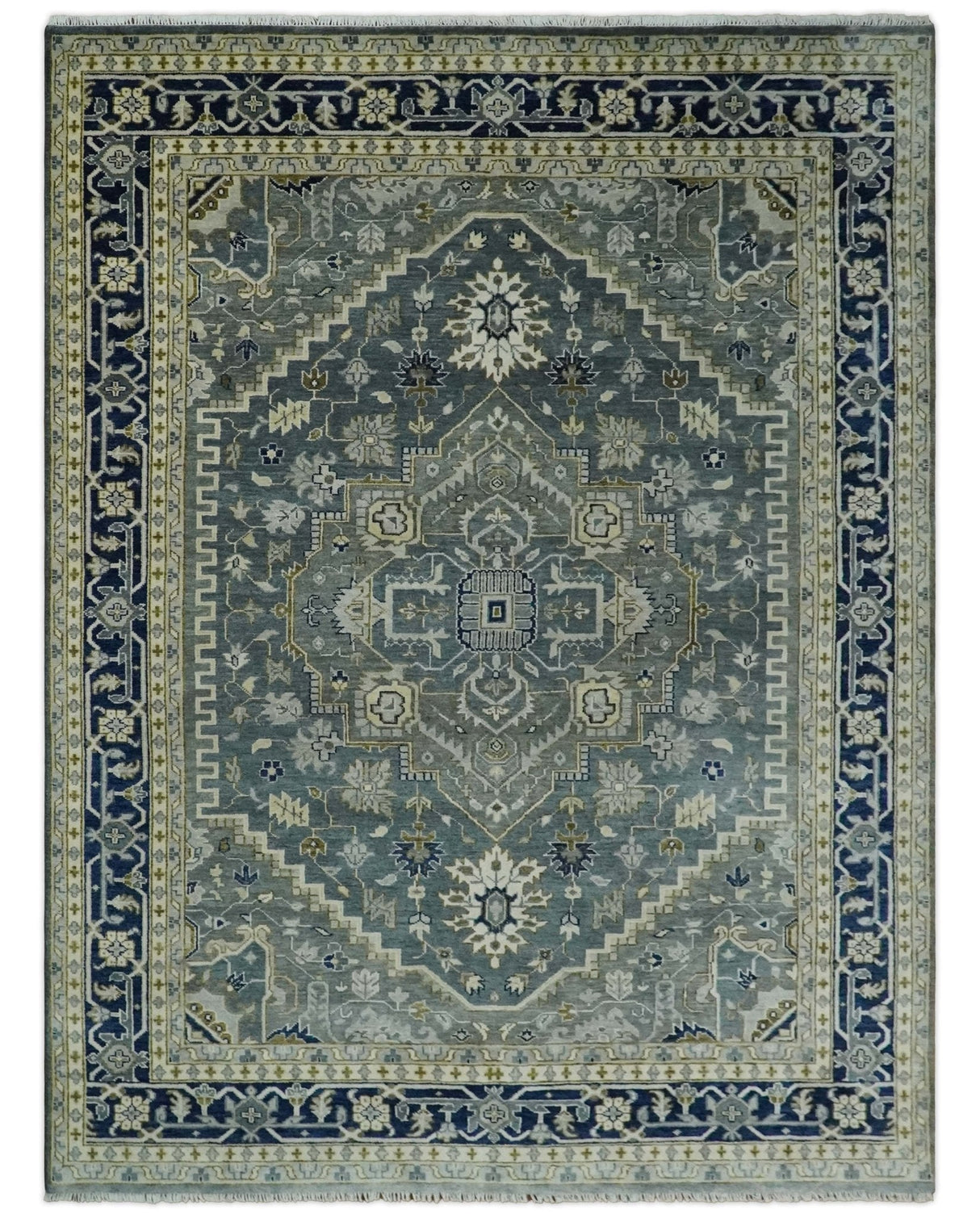 Custom Made Hand Knotted Beige and Blue Traditional Heriz  Wool Area Rug