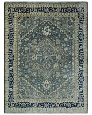 Custom Made Hand Knotted Beige and Blue Traditional Heriz  Wool Area Rug