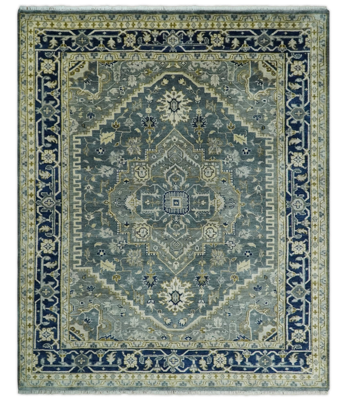 Custom Made Hand Knotted Beige and Blue Traditional Heriz  Wool Area Rug