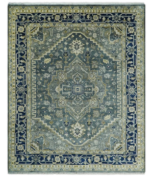 Custom Made Hand Knotted Beige and Blue Traditional Heriz  Wool Area Rug