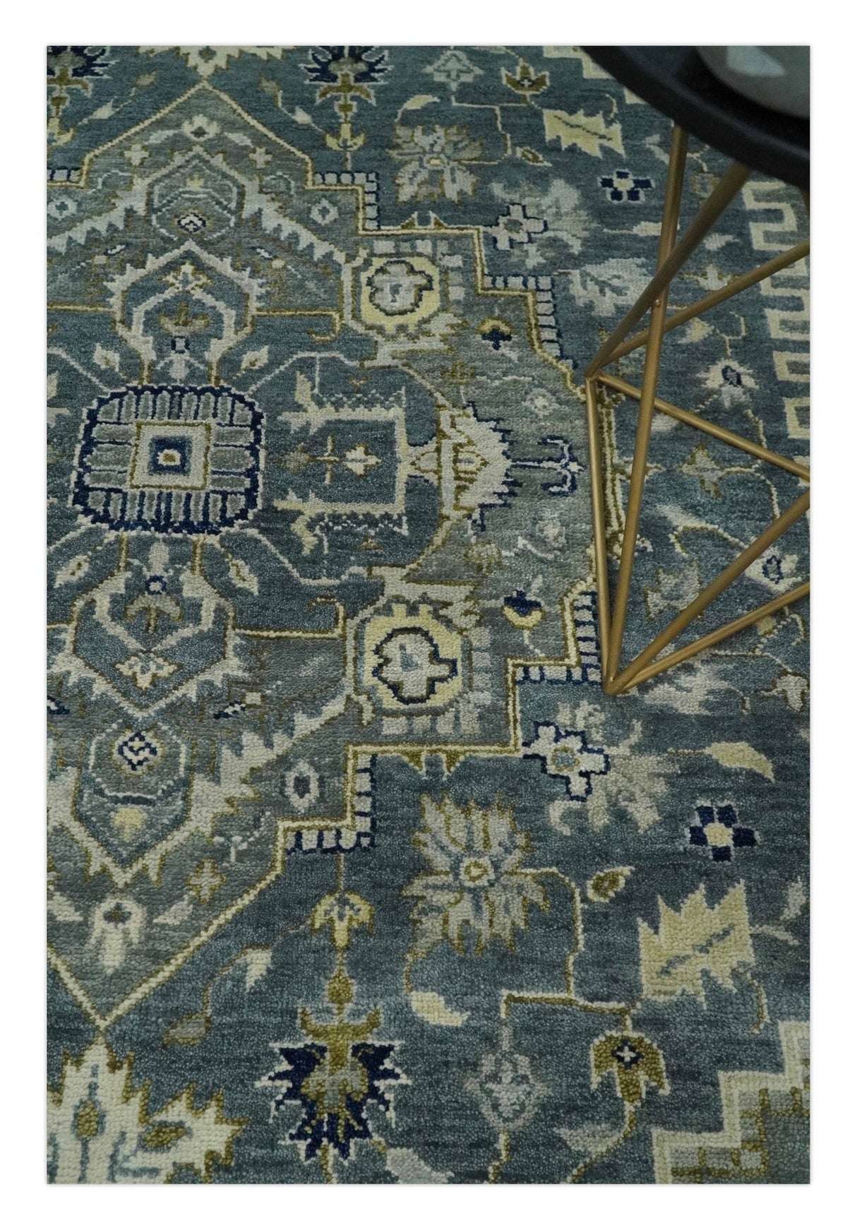 Custom Made Hand Knotted Beige and Blue Traditional Heriz  Wool Area Rug