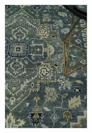 Custom Made Hand Knotted Beige and Blue Traditional Heriz  Wool Area Rug