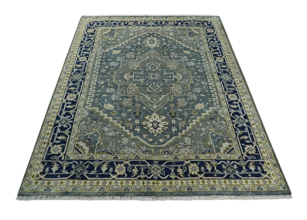 Custom Made Hand Knotted Beige and Blue Traditional Heriz  Wool Area Rug