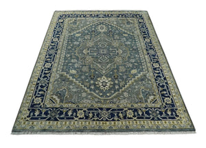 Custom Made Hand Knotted Beige and Blue Traditional Heriz  Wool Area Rug