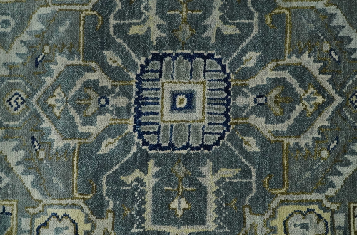 Custom Made Hand Knotted Beige and Blue Traditional Heriz  Wool Area Rug
