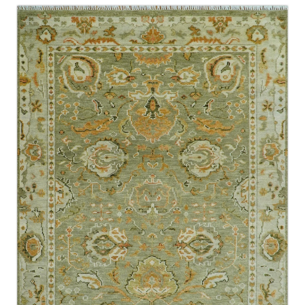 Hand Knotted Olive and Ivory Traditional Oushak Wool Rug