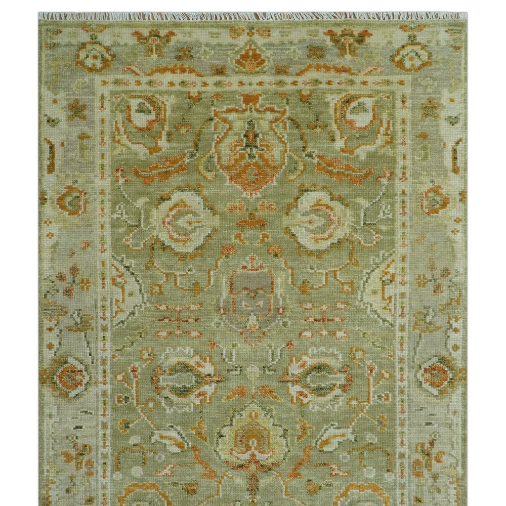 Hand Knotted Olive and Ivory Traditional Oushak Wool Rug