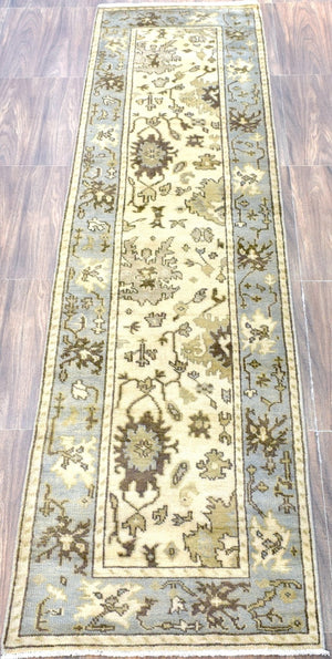 Runner 2.7x12 Oushak Beige And Blue Hand Knotted Wool Rug