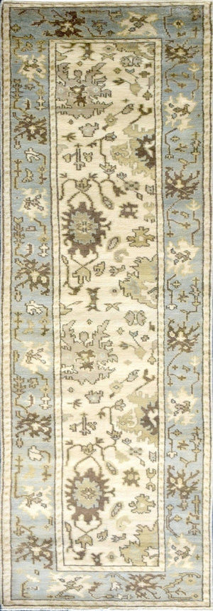 Runner 2.7x12 Oushak Beige And Blue Hand Knotted Wool Rug