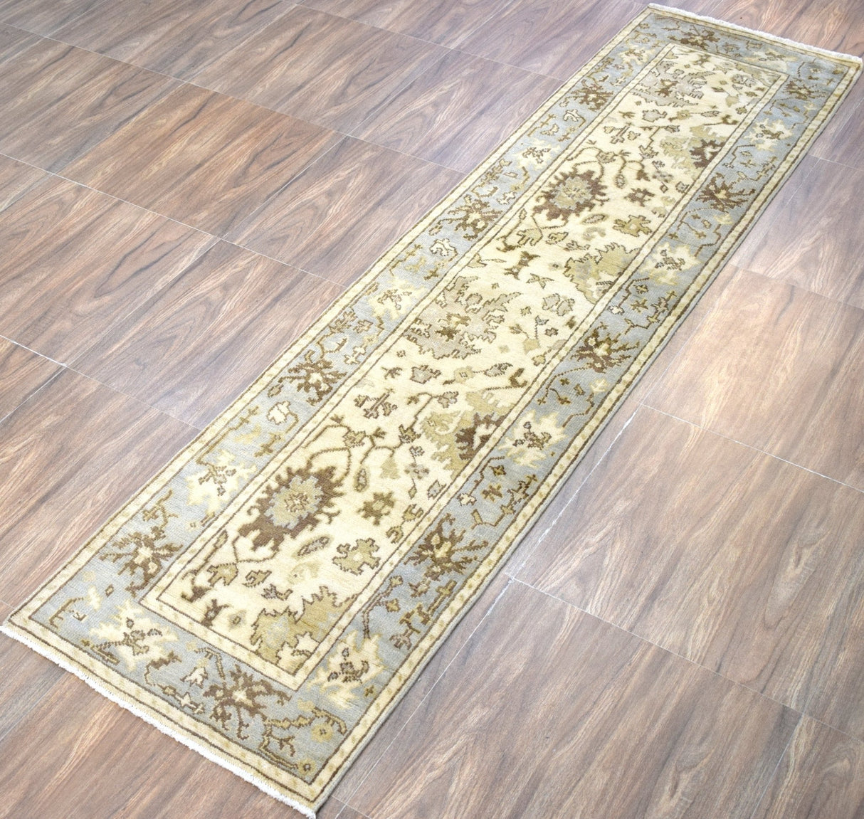 Runner 2.7x12 Oushak Beige And Blue Hand Knotted Wool Rug