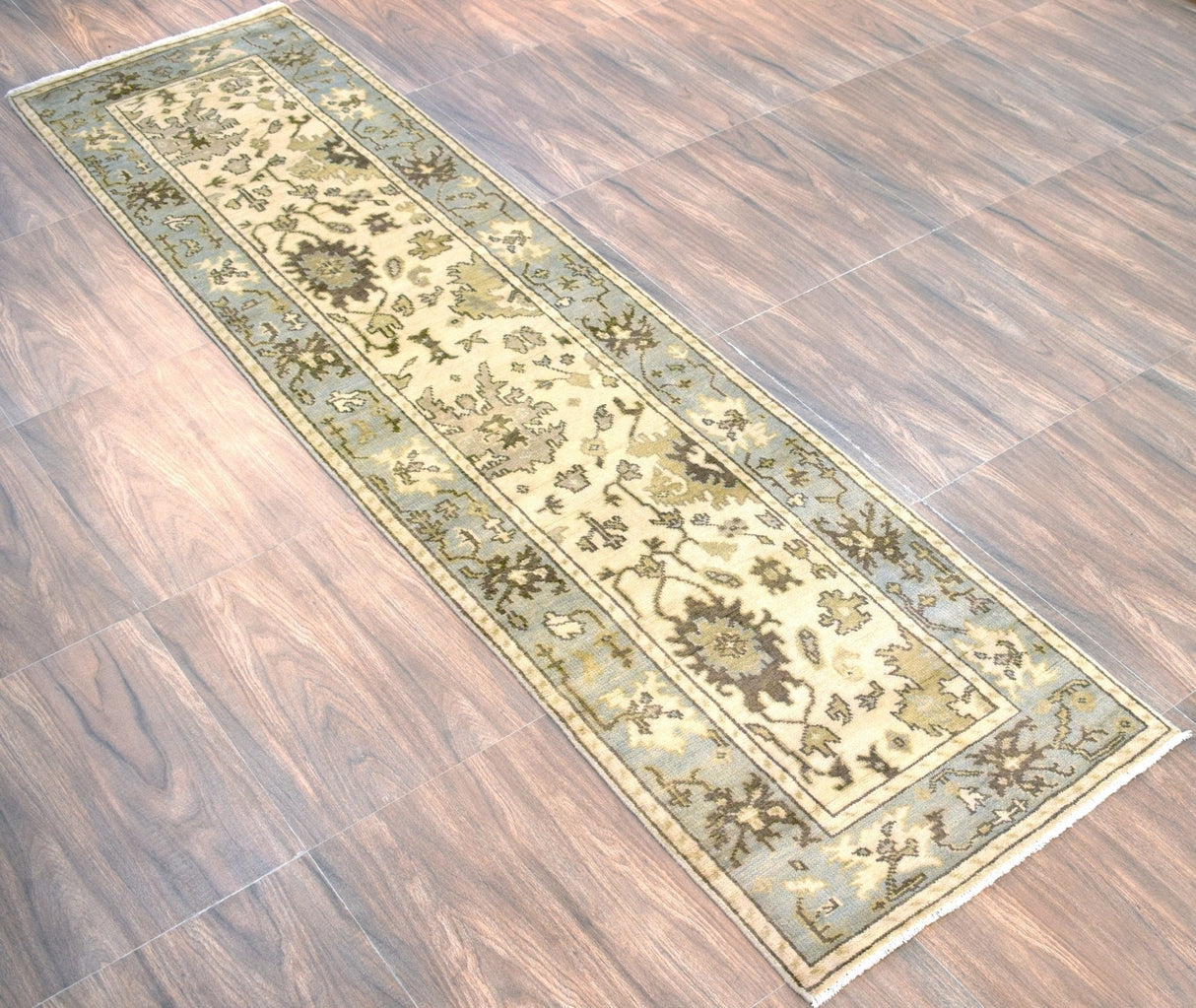 Runner 2.7x12 Oushak Beige And Blue Hand Knotted Wool Rug
