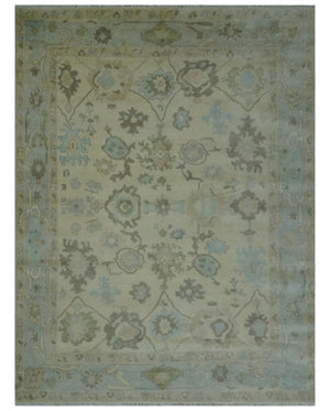 Hand Knotted Antique Style Beige and Silver Traditional Multi Size Oushak Wool Rug